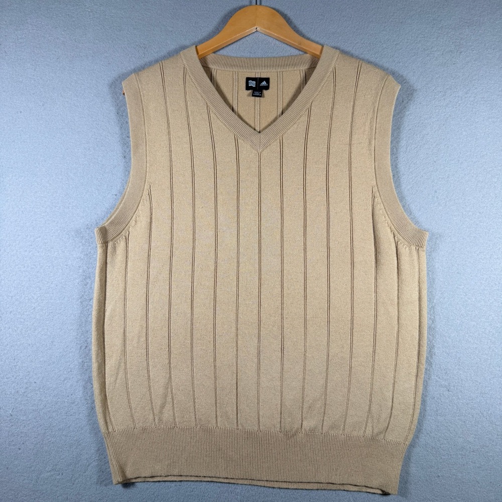Adidas Men Tan Silk Cashmere Blend Ribbed V-Neck Sweater Vest Sample HKS001